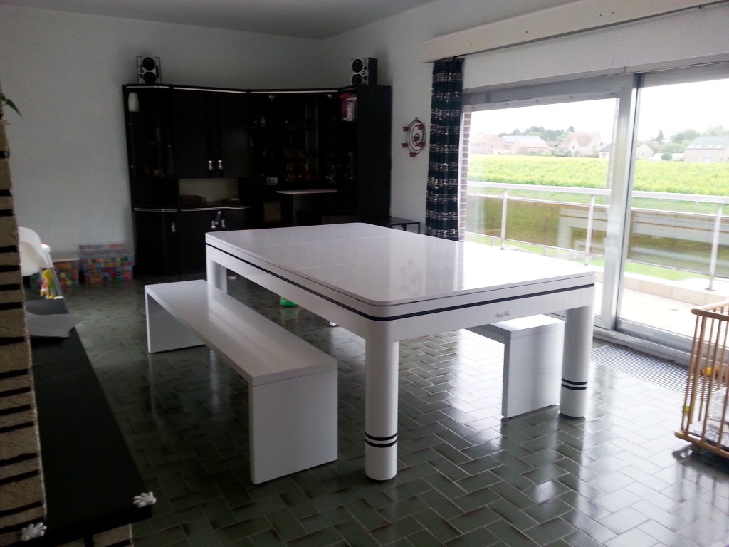 Table de billard convertible Verso avec plateau et bancs blancs