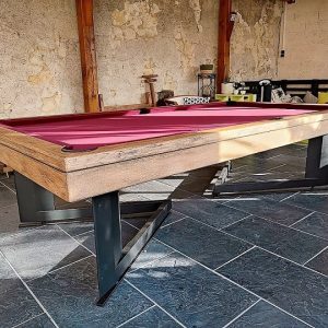 Billard break modifi&eacute; avec cadre de bandes type "AERO" finition ch&ecirc;ne vieilli et pietement noir
