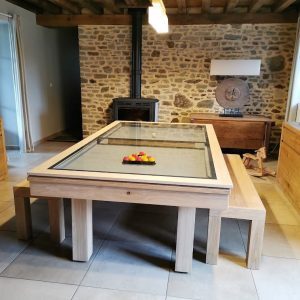 Ensemble billard dauphin, plateau verre et bancs en ch&ecirc;ne massif naturel
