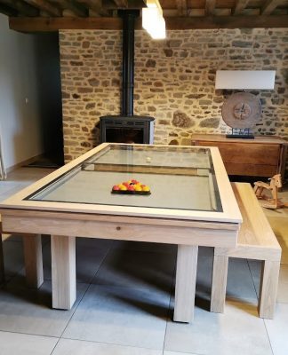 Ensemble billard dauphin, plateau verre et bancs en chêne massif naturel