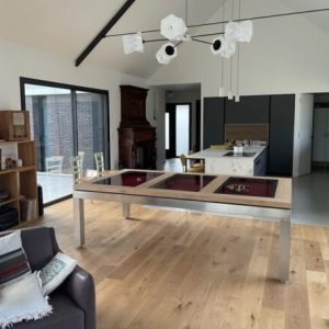 Billard design en inox et en chene avec plateau table verre