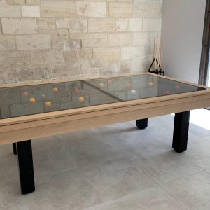 Billard Dauphin piétement noir et cadre de bandes chene naturel. Plateau table verre transparent